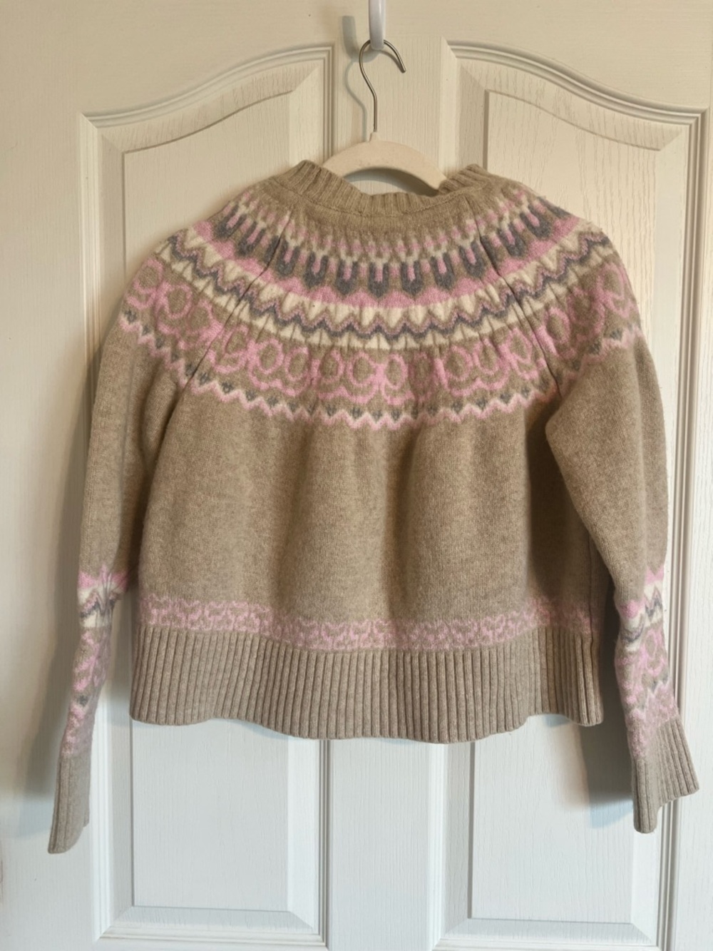 LoveShackFancy Beige Fair Isle Turtleneck Sweater with Pink Accents